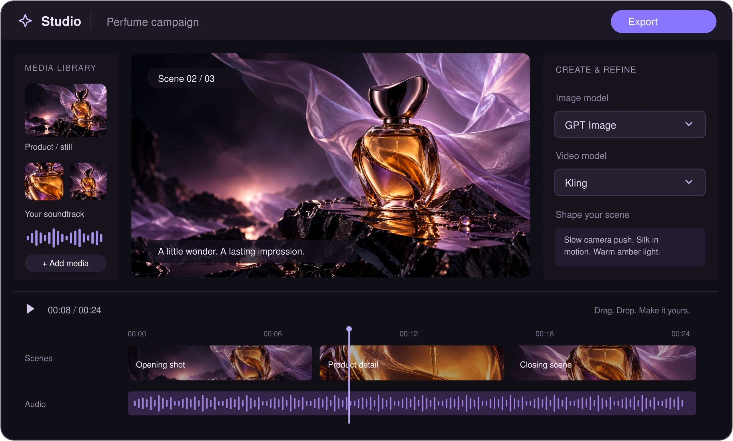 Keoo AI storyboard editor showing media, scene, audio, and timeline tools
